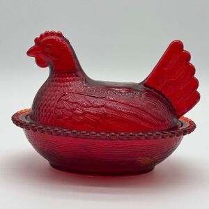 Cranberry Red Indiana Glass Beaded Hen on Nest Rare Damaged Finish